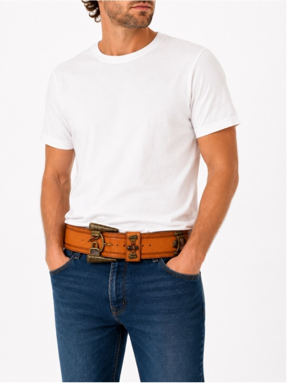 MINORONZONI Italian Vintage Leather Belt, Caramel Tan, Large Western Buckle XL